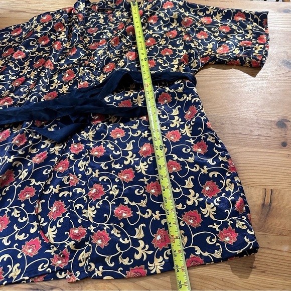 Vintage Fredericks of Hollywood Navy Blue Gold red Floral Satin short Robe Sz L - Picture 8 of 8